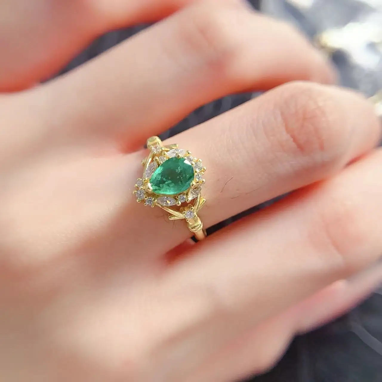 Natural Emerald Pear Halo Ring - view 5