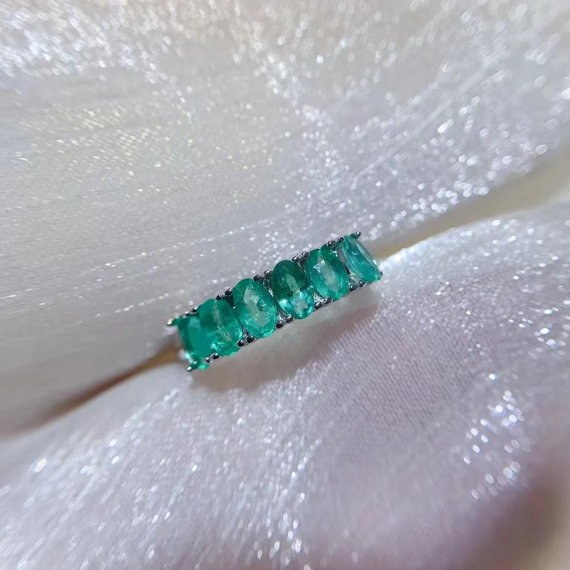 Natural Emerald Silver Row Ring - view 1