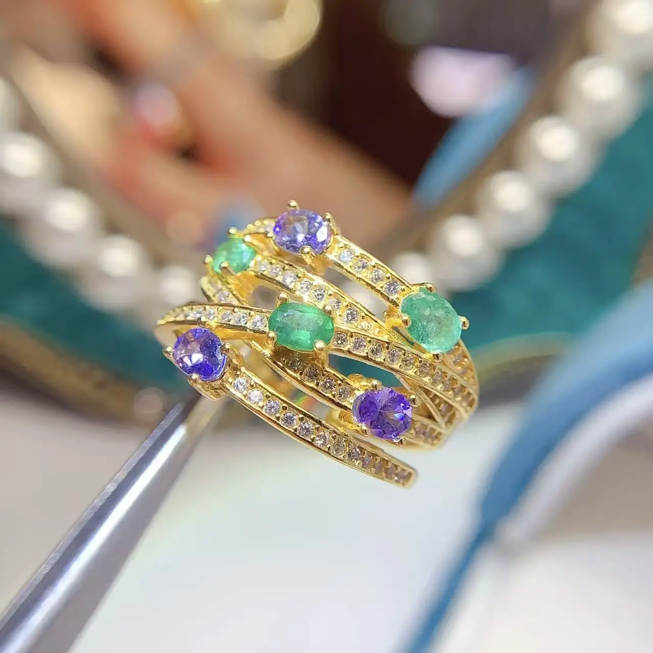 Natural Emerald Crossover Band Ring - view 1