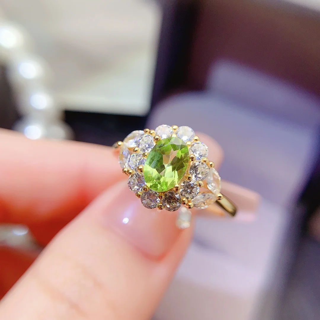 Natural Peridot Radiant Halo Ring - view 1