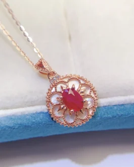 Natural Ruby Halo Pendant Necklace
