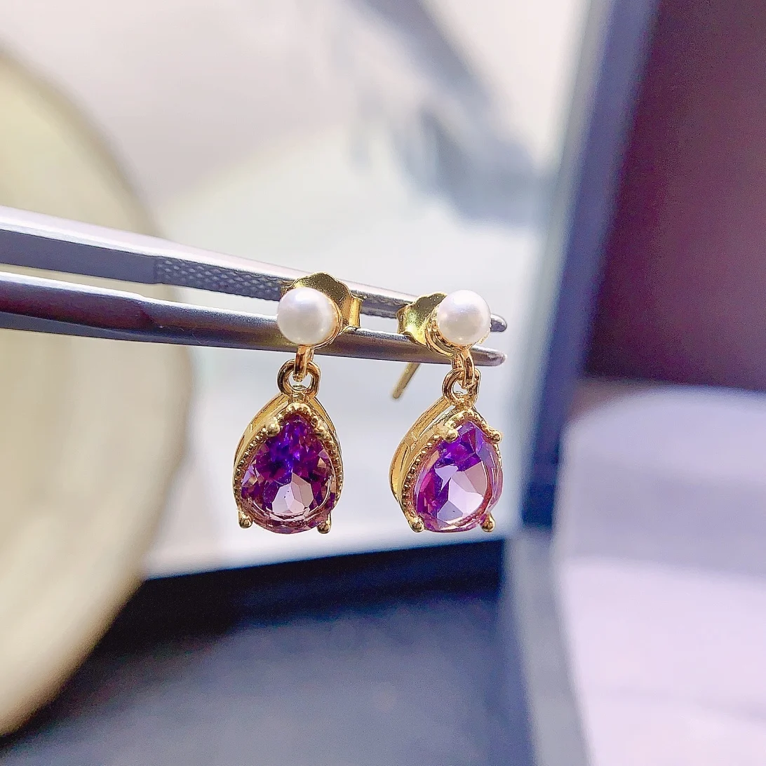 Natural Amethyst Pearl Drop Earrings - view 1