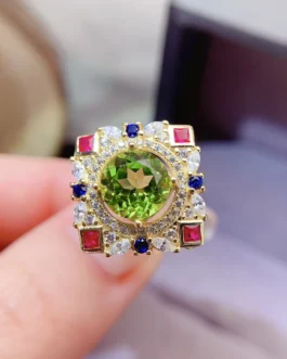Natural Peridot Colour Halo Ring