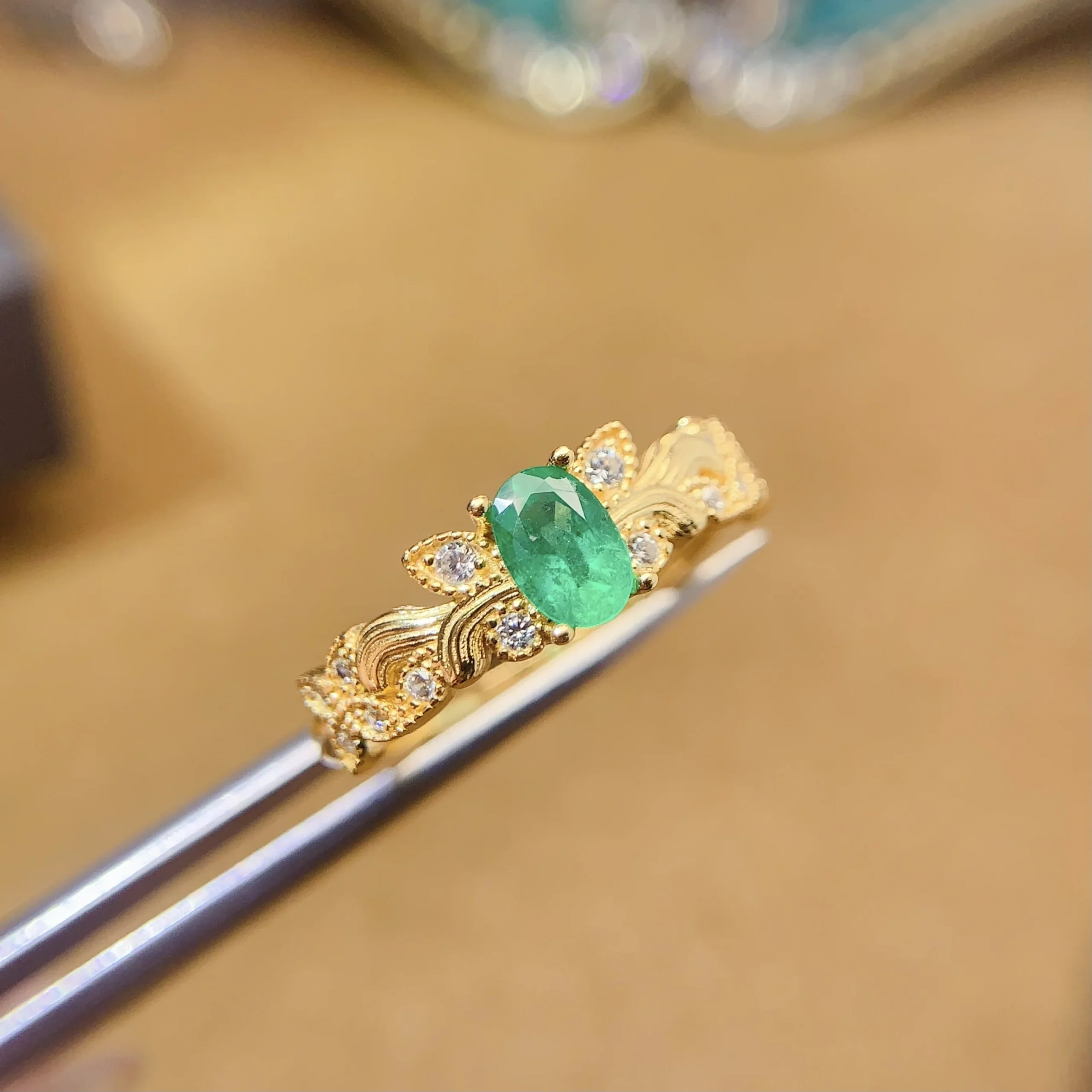 Natural Emerald Filigree Leaf Ring - view 1