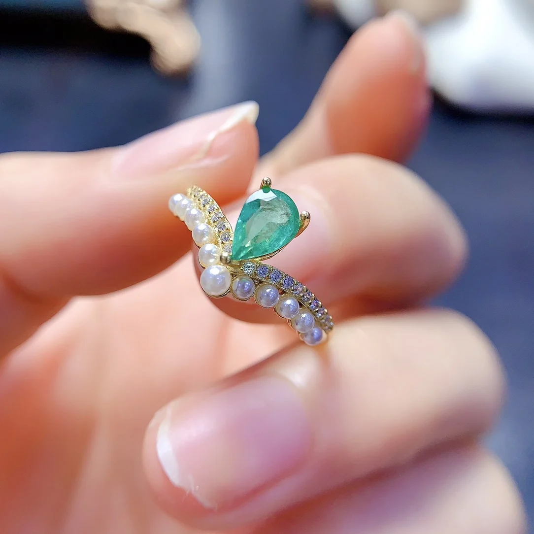 Natural Emerald Pear Tiara Ring - view 2