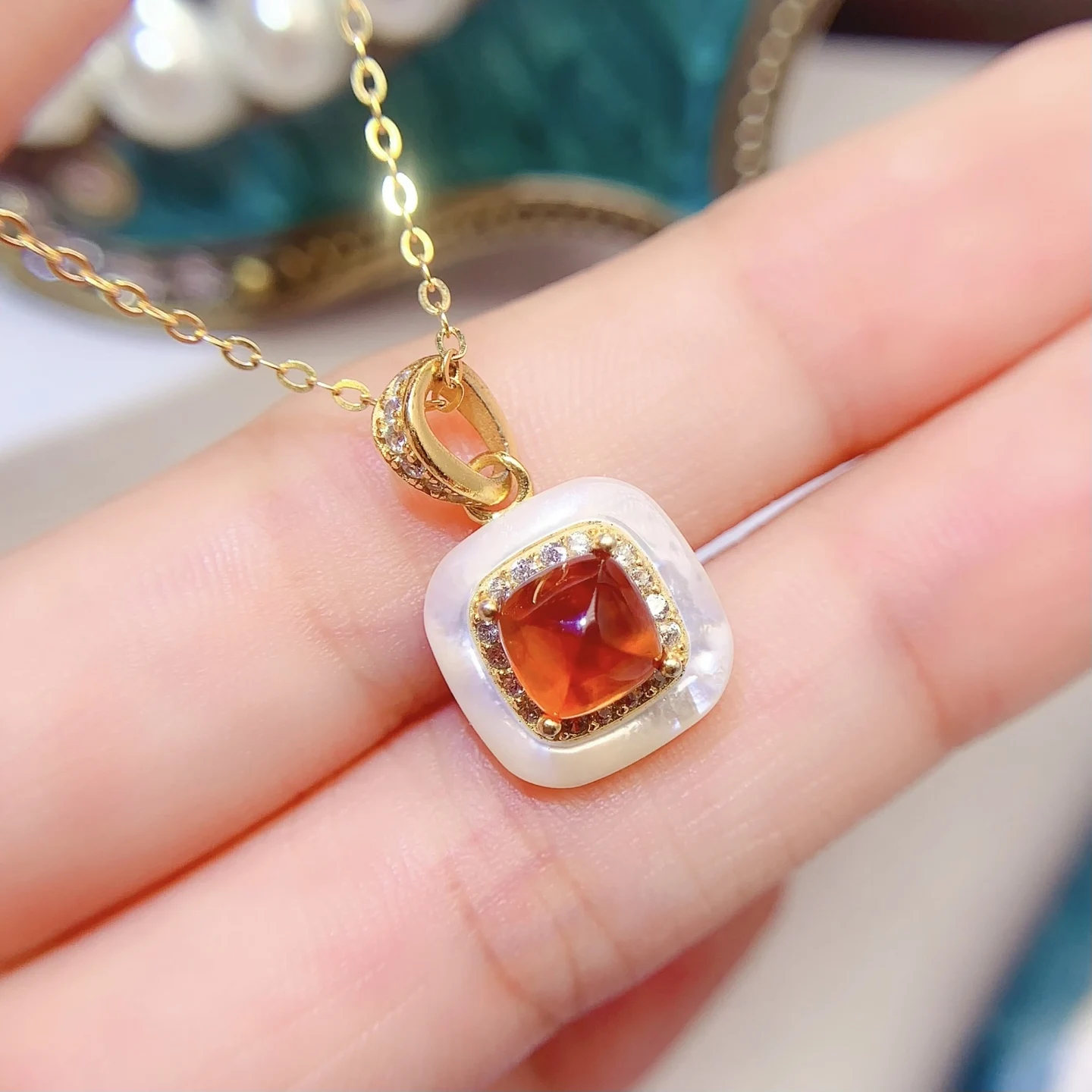 Natural Garnet Cushion Pendant Necklace - view 1