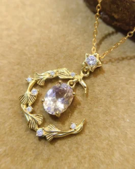 Natural Morganite Crescent Moon Pendant Necklace