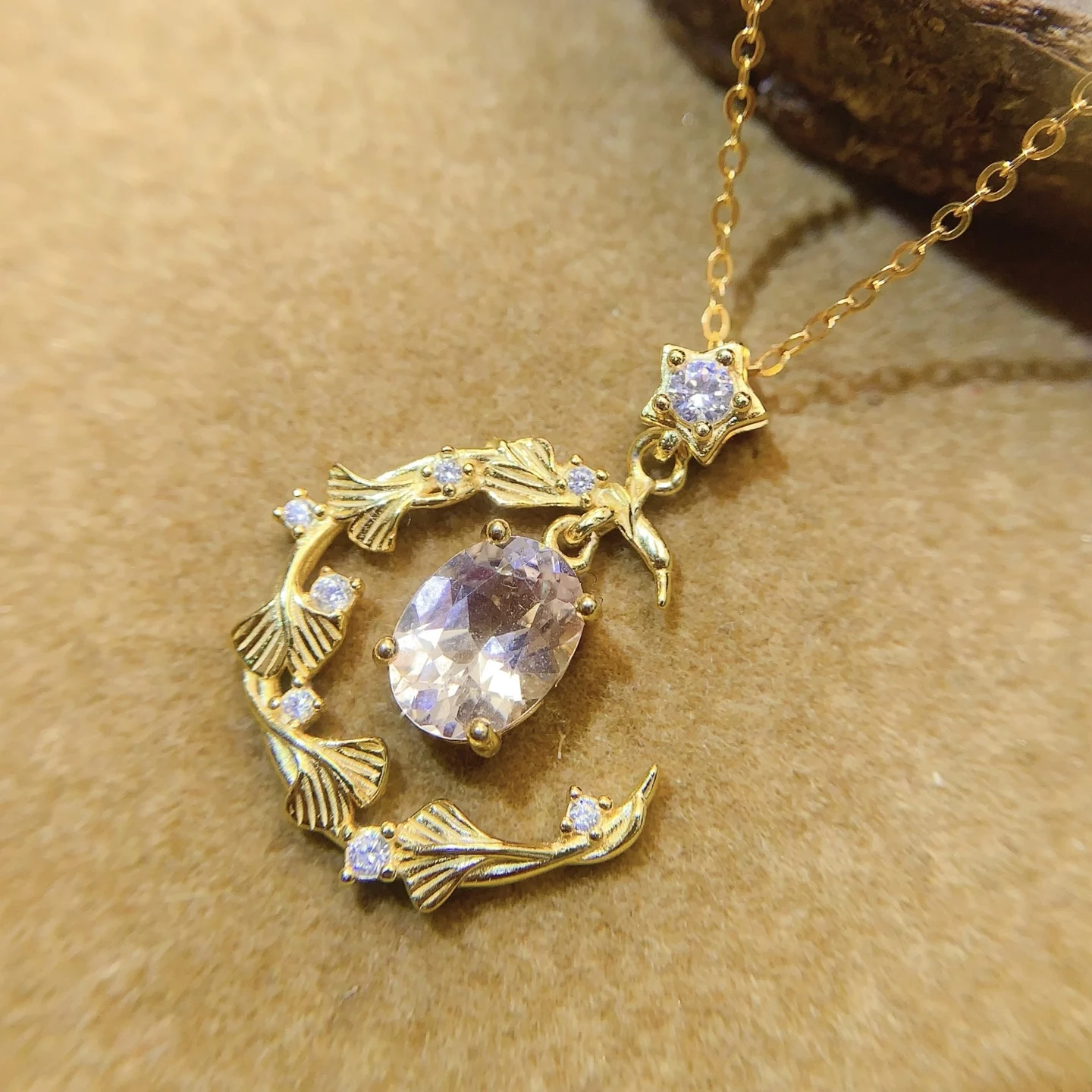Natural Morganite Crescent Moon Pendant Necklace - view 1
