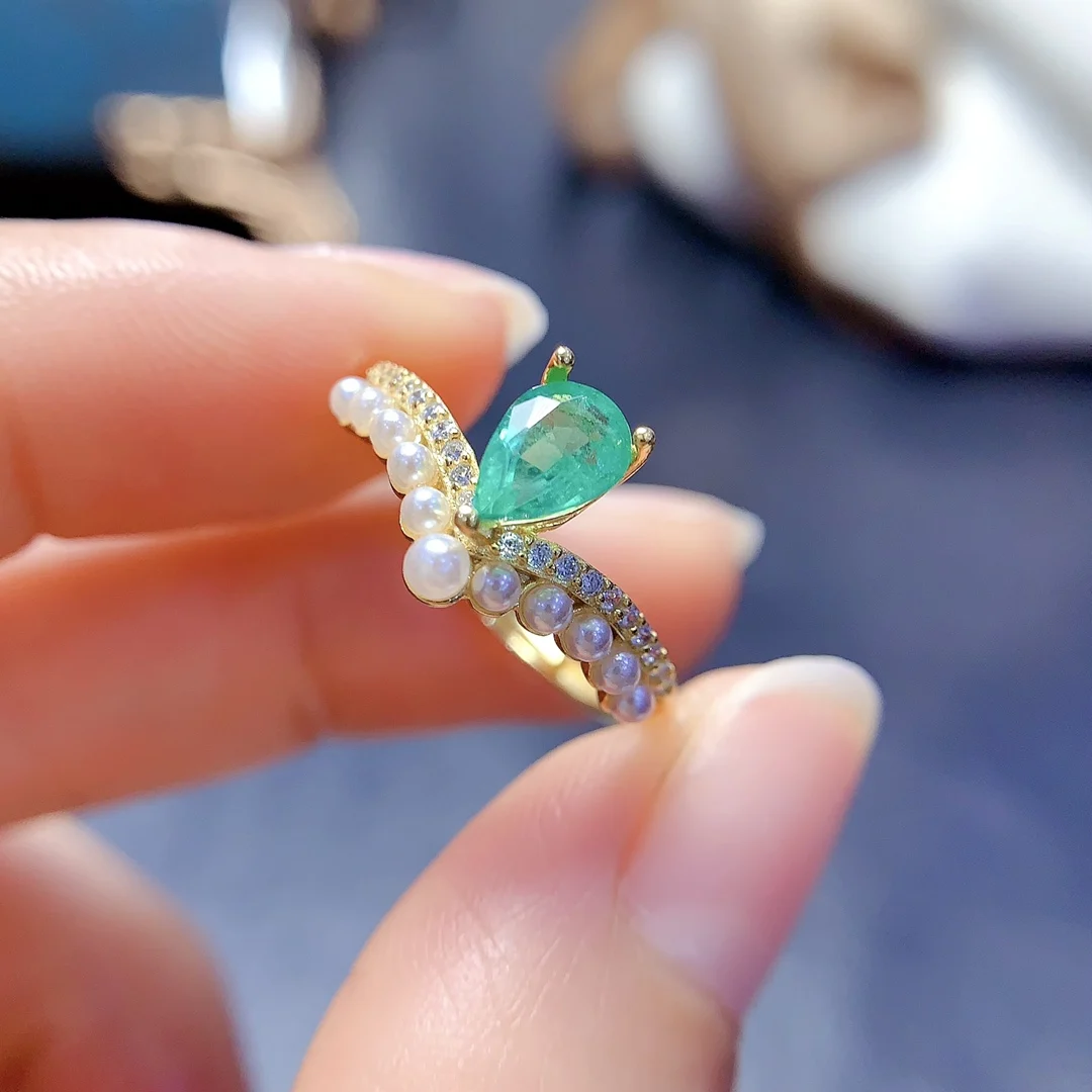 Natural Emerald Pear Tiara Ring - view 4