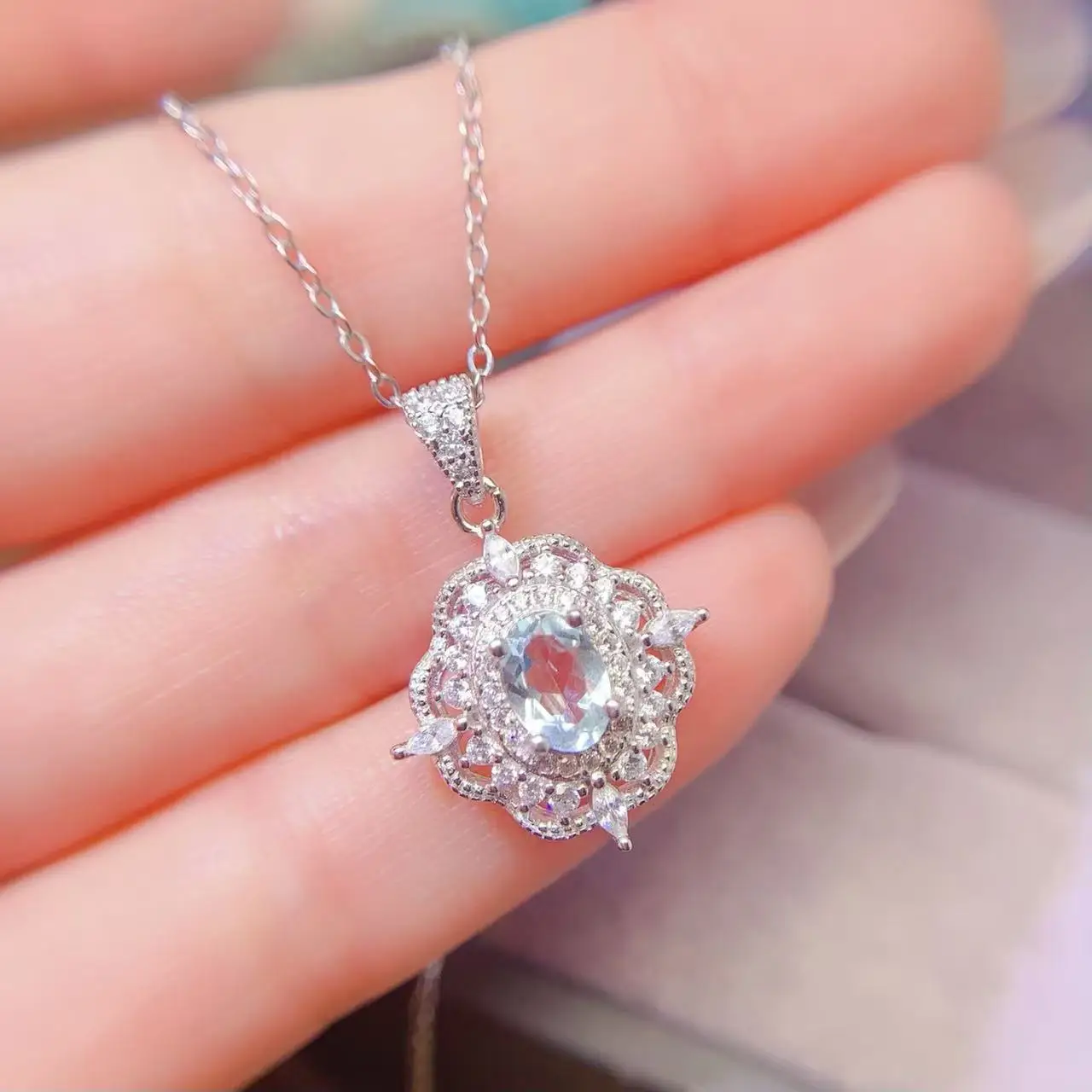 Natural Aquamarine Flower Halo Pendant - view 1
