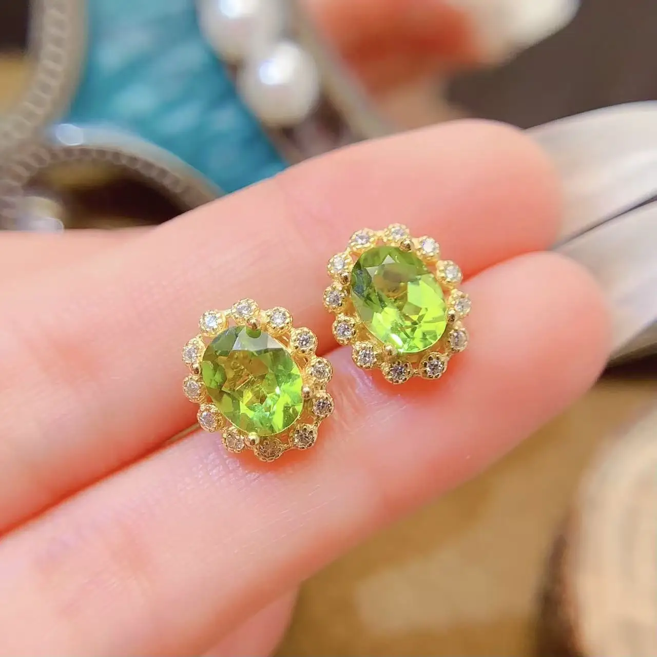 Natural Peridot Flower Stud Earrings - view 3