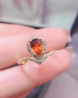 Natural Garnet Pear Chevron Ring