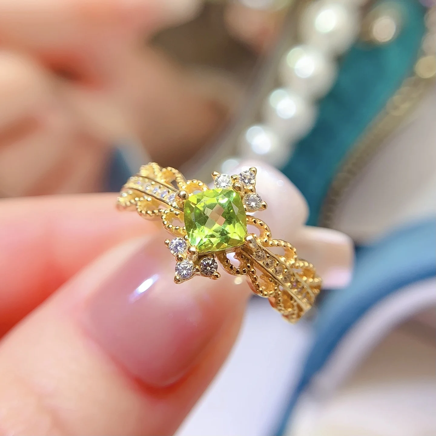 Natural Peridot Asscher Halo Ring - view 1