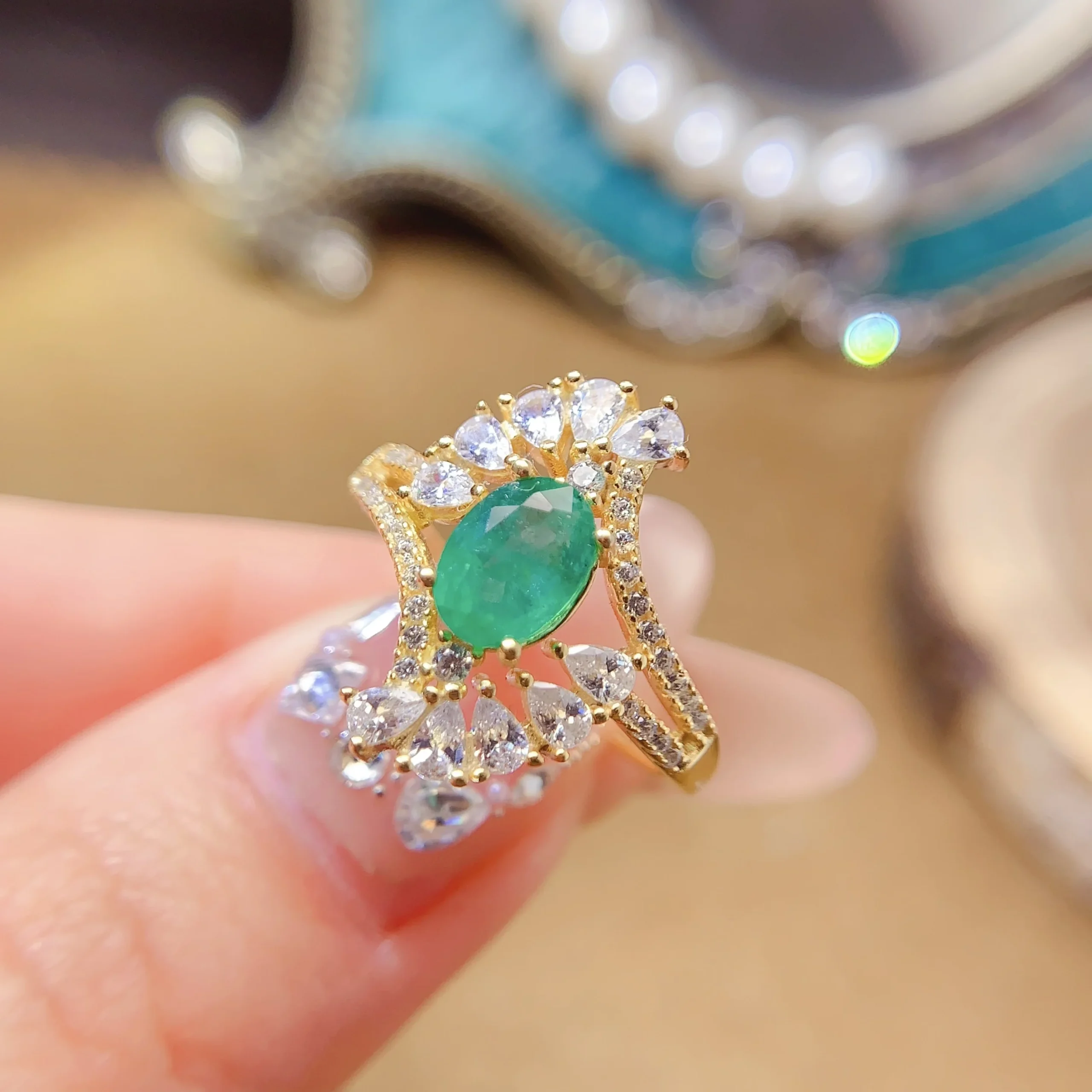 Natural Emerald Swirl Halo Ring - view 1