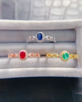 Natural Gemstone Dainty Halo Ring