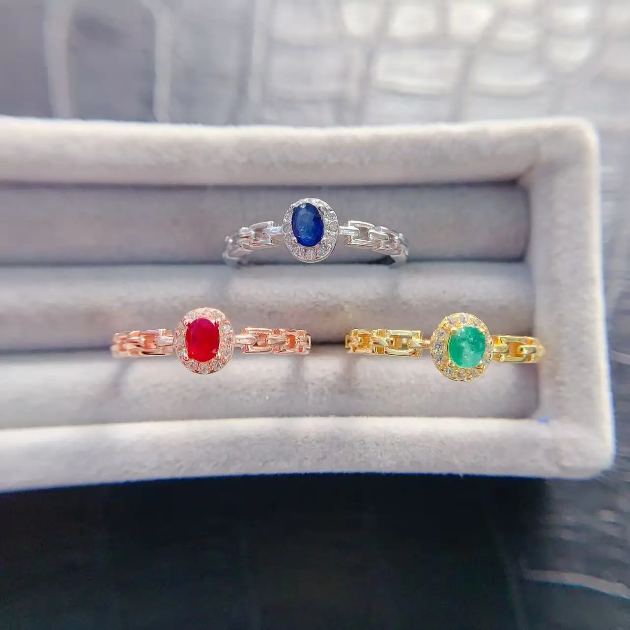 Natural Gemstone Dainty Halo Ring - view 1