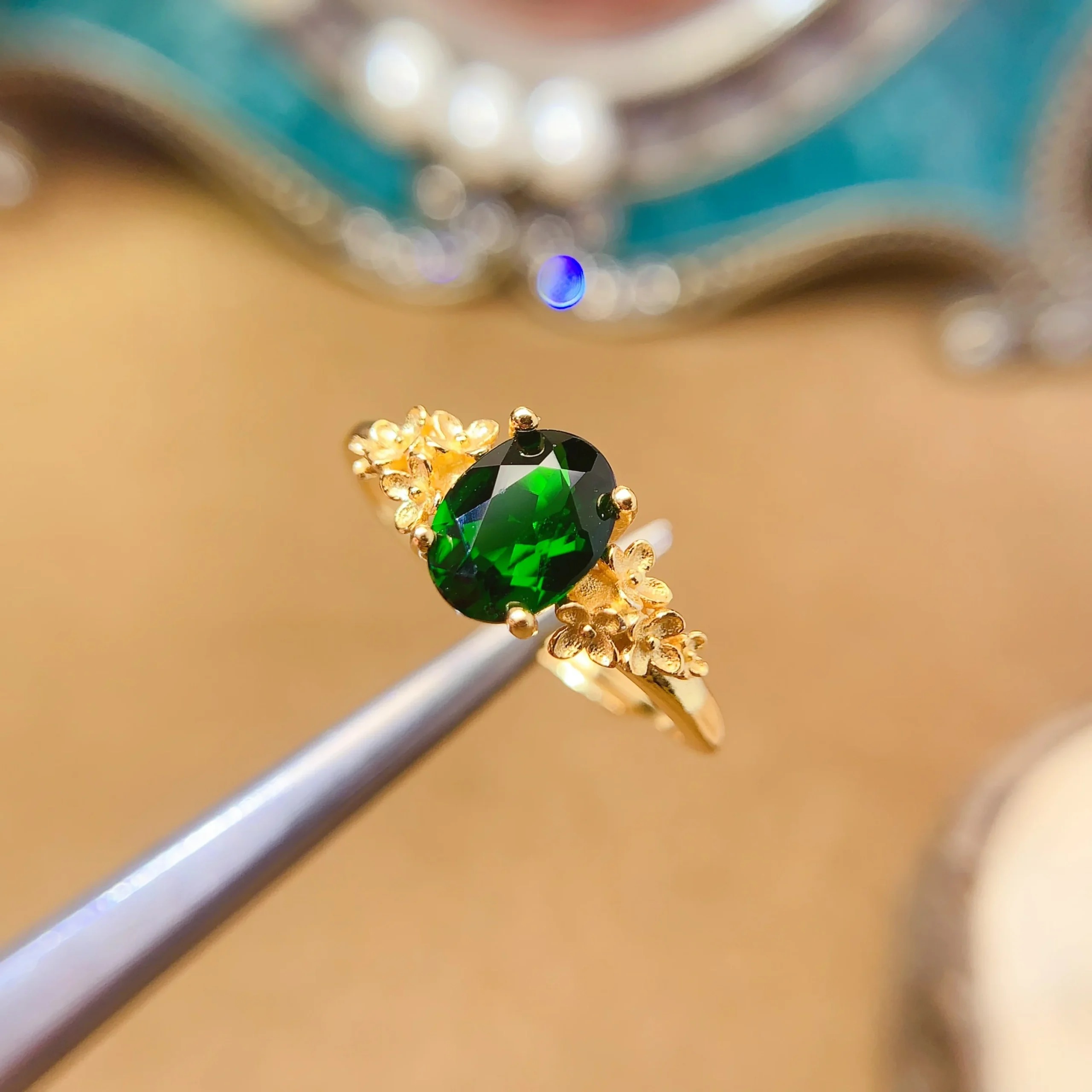 Natural Diopside Oval Halo Ring - view 1