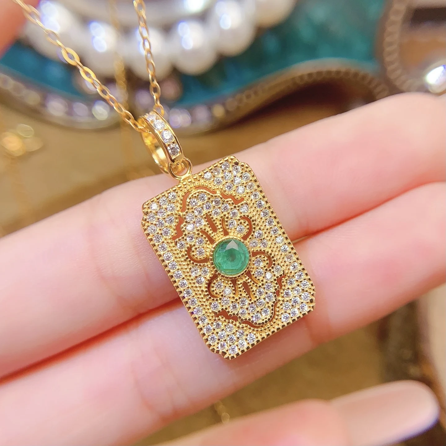 Natural Emerald Plaque Pendant Necklace - view 1