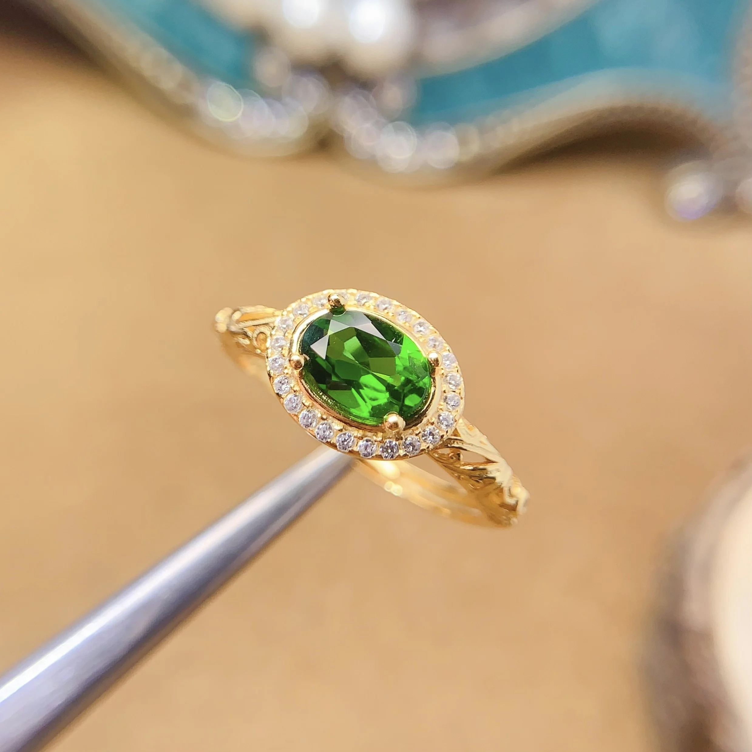 Natural Diopside Luxury Halo Ring - view 1