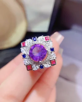 Natural Amethyst Round Halo Ring