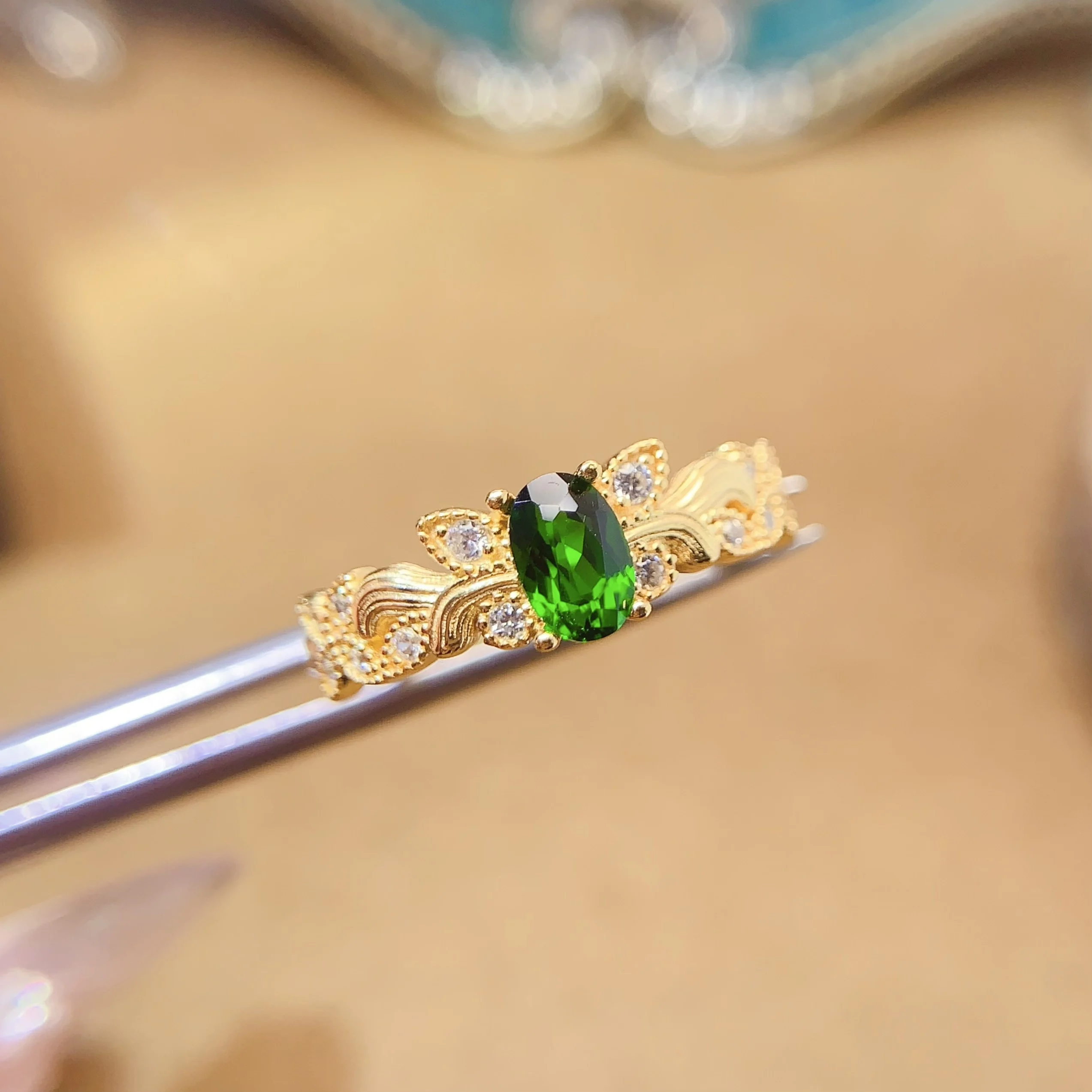 Natural Diopside Slim Halo Ring - view 2