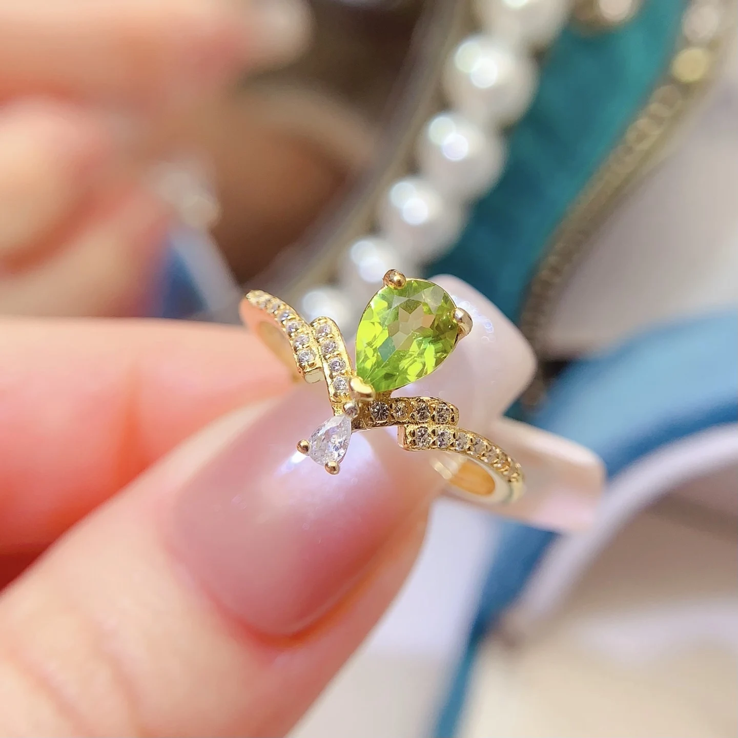 Natural Peridot Pear Bow Ring - view 3