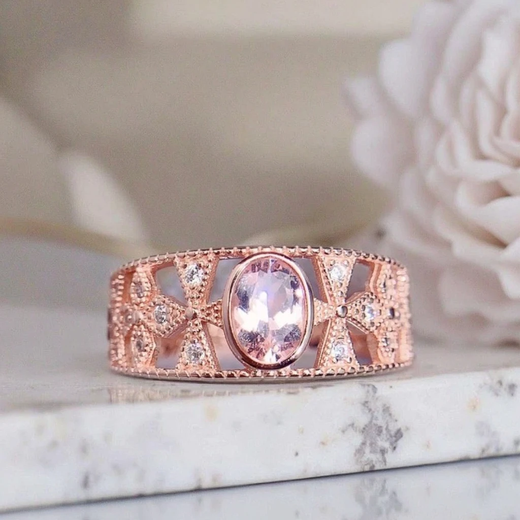 Natural Morganite Oval Halo Ring - view 1