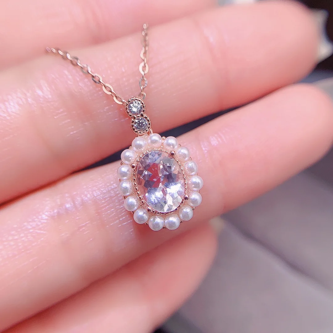 Natural Morganite Pearl Halo Pendant - view 1