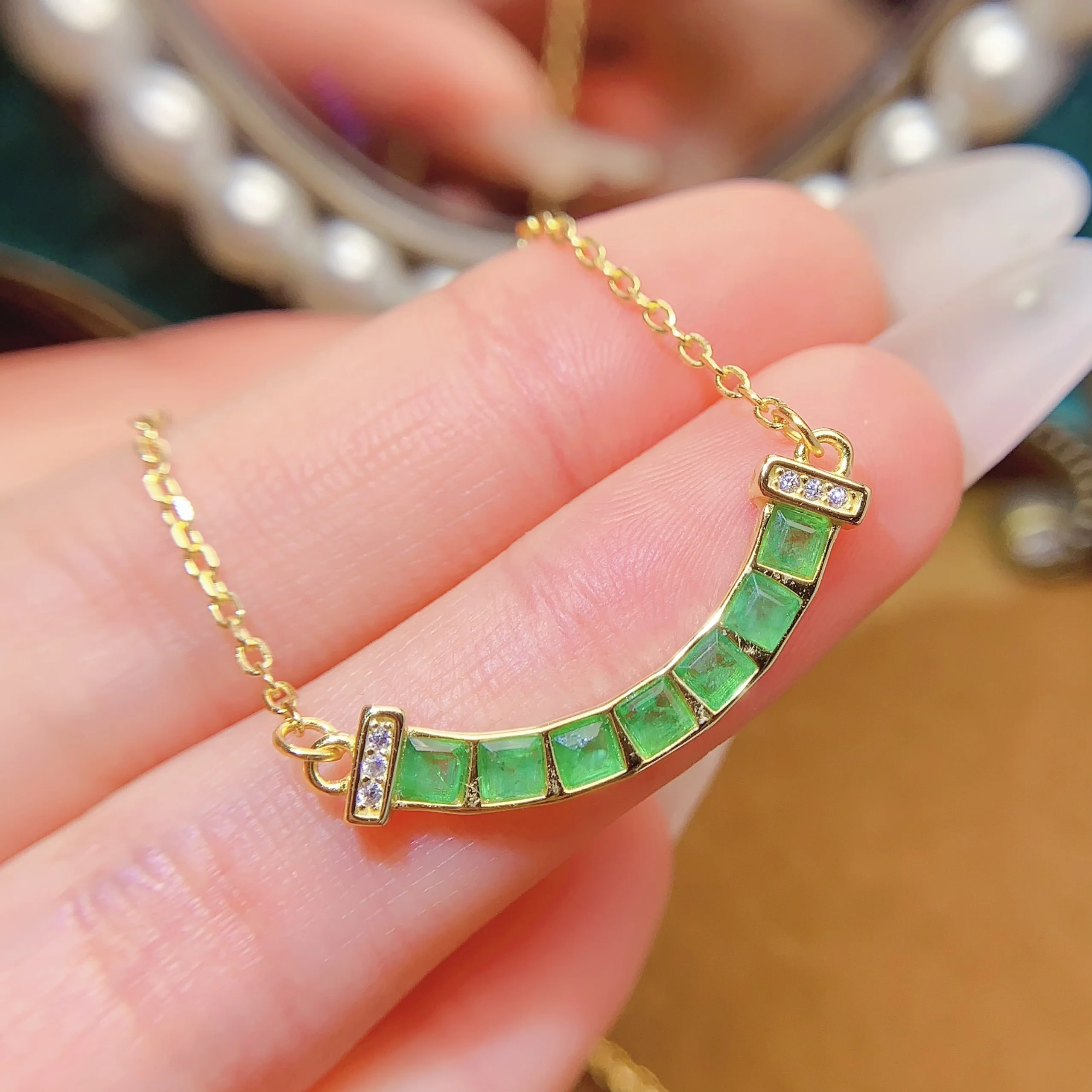 Natural Emerald Bar Pendant Necklace - view 4