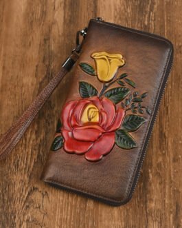Factory direct sale new women’s wallet, vegetable-tanned leather women’s zipper bag, embossed vintage color-worn handbag, anti-theft brush