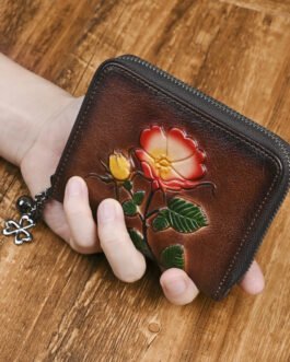 Vegetable-tanned leather short wallet coin purse for women, vintage embossed genuine leather zipper bag card holder, export European and American style small wallet