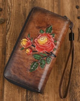 New genuine leather women’s wallet, vegetable-tanned leather zipper bag, vintage washed color clutch, women’s anti-theft phone bag