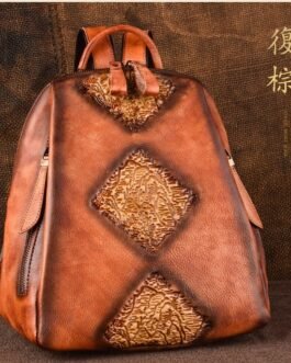Vegetable-tanned leather leather backpack women’s multi-functional large capacity multi-pocket embossing retro color rubbing process foreign trade cross-border