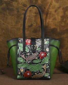 Genuine leather women’s bag, embossed hand-painted vintage hand-erased color, ethnic style tote bag, single shoulder bag, large capacity, can hold A4 paper
