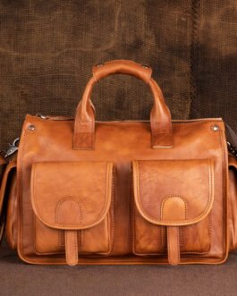 Genuine leather men’s handbag, vintage vegetable-tanned leather travel bag, soft large capacity, high-end single shoulder bag, crossbody for men