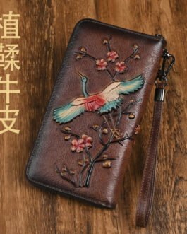 Vegetable-tanned cowhide women’s long wallet, anti-theft brush vintage with embossed finish, foreign trade clutch, genuine leather zipper bag