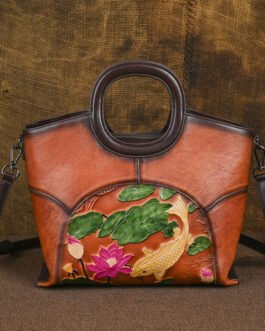 Genuine leather women’s enclosed tanned leather hand-painted embossed handbag, high-end single-shoulder crossbody bag, artistic national style niche design