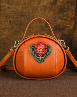 2026 Genuine Leather Crossbody Bag for Women, Vegetable-Tanned Leather Transparent Dyeing Process, Embossed Hand-Painted Vintage Simple High-End Fresh Small Round Bag