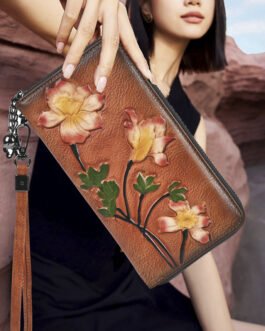 Vintage embossed first-layer cowhide women’s long wallet, vegetable-tanned leather zipper bag, high-end hand-painted phone bag for women