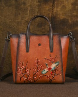 New genuine leather ladies’ handbag, top-grain cowhide crossbody bag, large capacity embossed hand-painted vintage European and American export bag