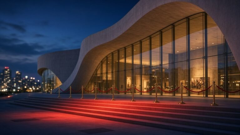 Modern museum building at dusk with warm interior lights glowing through curved glass walls and an empty plaza with soft red-carpet lighting, no people