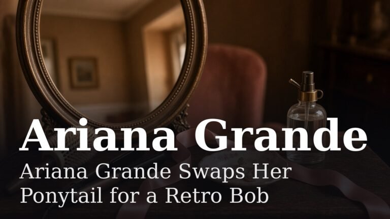 Vintage dressing table with a round brush, flat iron, pink satin ribbon and gold drop earrings on a porcelain dish, with Ariana Grande's name and the post title overlaid