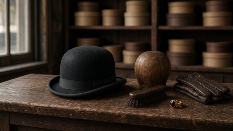 Black felt bowler hat on an old oak counter in a traditional hat shop, beside a wooden hat block, a clothes brush, leather gloves and a gold garnet signet ring