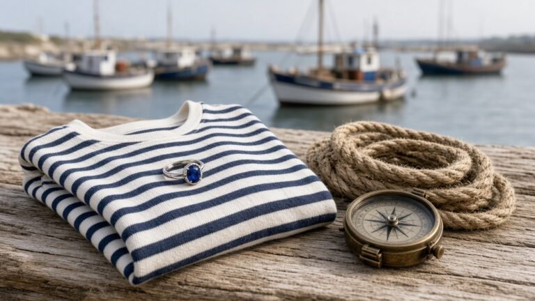 Folded navy and white striped Breton top with a blue sapphire ring on weathered driftwood, beside a coil of rope and a brass compass, with fishing boats in a harbour behind