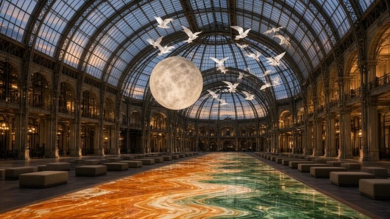 Empty runway under a vast glass and steel roof hung with a glowing moon and a flock of suspended birds, with a reflective orange and green floor and rows of empty seats