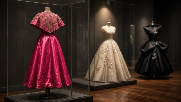 Vintage couture gowns on mannequins in a dimly lit museum gallery: a shocking pink satin gown with a gold-embroidered cape in a glass case, an ivory embellished gown and a sculptural black dress behind