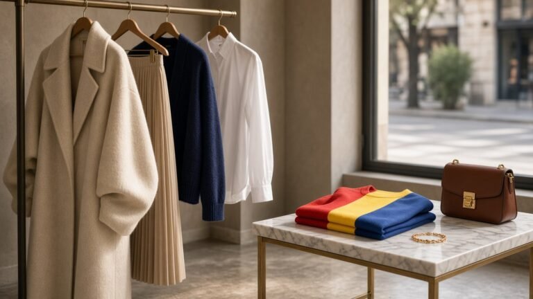 Boutique rail with a cream wool coat, pleated skirt, navy cardigan and white shirt beside a marble table with a primary-colour knit, a gold bracelet and a brown leather bag