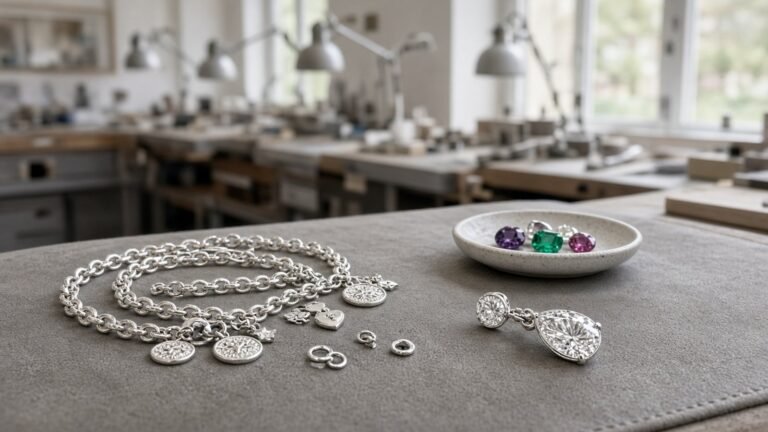 Silver charm bracelet chain, a pear-shaped diamond drop earring and a dish of purple, green and pink gemstones on a jeweller's bench in a bright workshop