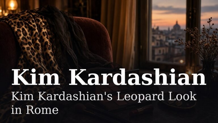 Dressing table at dusk in Rome with a leopard-print silk gown, a sheer black chiffon scarf, a warm brown eyeshadow palette, red lipstick and gold drop earrings, with Kim Kardashian's name and the post title overlaid