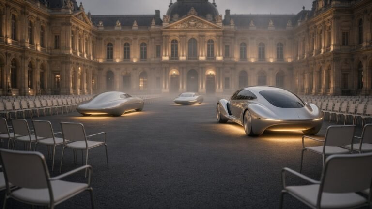 Empty asphalt runway in a floodlit Paris palace courtyard with silver retro-futuristic car sculptures and rows of empty seats